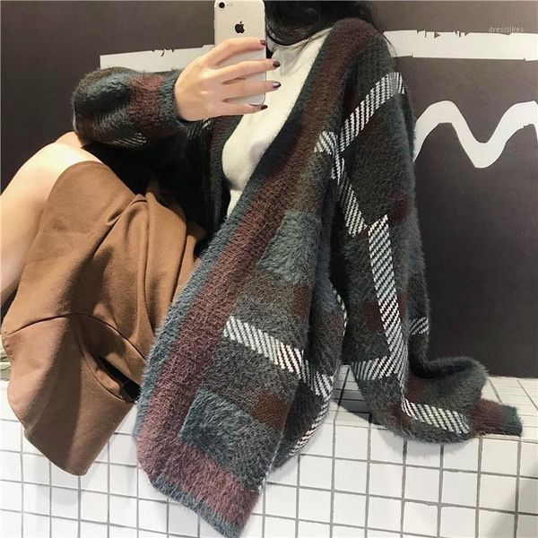 women's knits & tees superaen autumn and winter knitted plaid print cardigan medium length loose mink mohair sweater women coat1, White
women's knits & tees superaen autumn and winter knitted plaid print cardigan medium length loose mink mohair sweater women coat1, White
