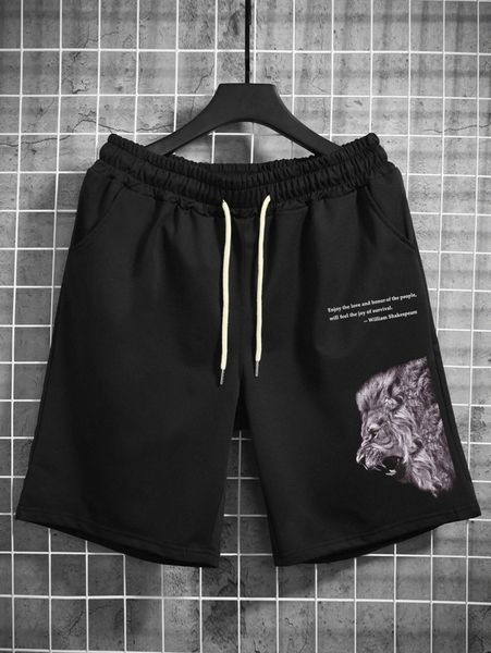 men slogan and 3d lion print drawstring waist shorts 32gj#, Black