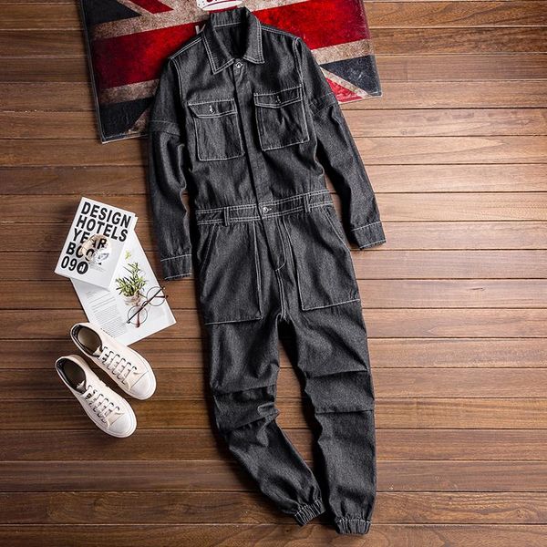 men's jeans long-sleeved denim overalls feet hip-hop fashion casual, Blue