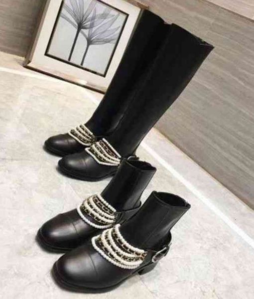 women's designer real leather boots, pearl shoes, back zipper flat-heel comfortable boots, Black