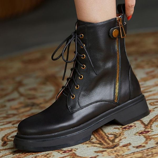 women's genuine leather double zip metal buckle autumn ankle boots platform flats punk lace-up motorcycle short booties shoes, Black
women's genuine leather double zip metal buckle autumn ankle boots platform flats punk lace-up motorcycle short booties shoes, Black