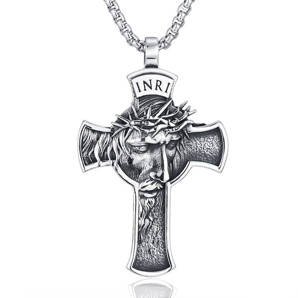 2022 fashion retro man style stainless steel inri jesus cross pendant necklace jewelry, Silver