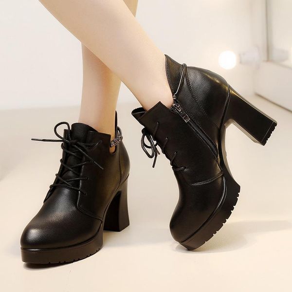 block heels split leather boots woman high heel shoes 2020 autumn winter rhinestone ankle boots lace up oxfords, Black 
block heels split leather boots woman high heel shoes 2020 autumn winter rhinestone ankle boots lace up oxfords, Black