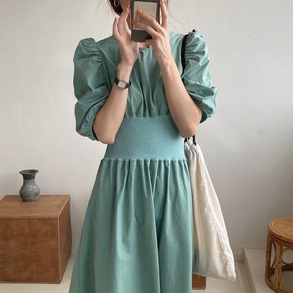 retro elastic waist solid puff sleeves solid 2021 brief slim sweet chic women summer thin mid-length dress, Black;gray
retro elastic waist solid puff sleeves solid 2021 brief slim sweet chic women summer thin mid-length dress, Black;gray