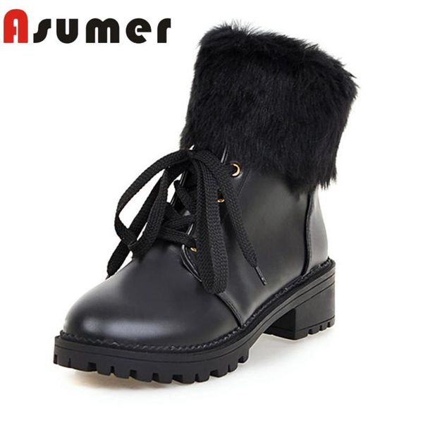 boots asumer arrive 2021 round toe cross tied snow fashion fur pu simple ankle for women, Black