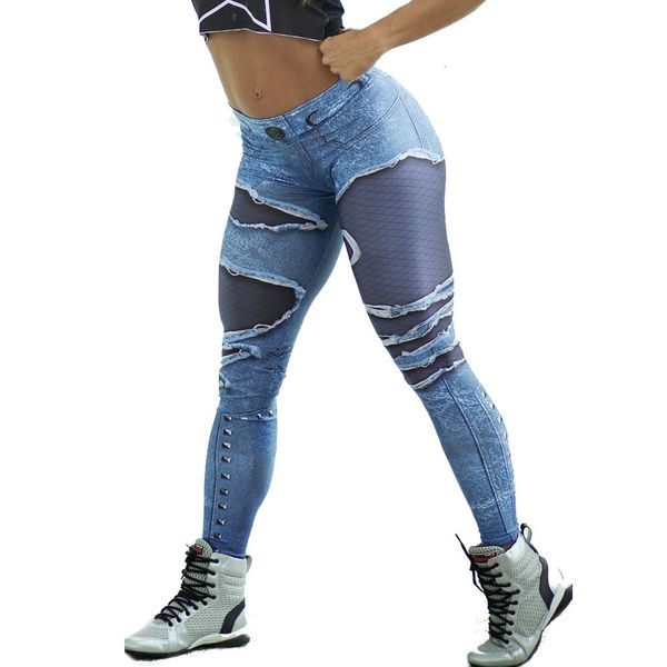new tattered denim digital print sports leggings yoga running tights, Black
new tattered denim digital print sports leggings yoga running tights, Black