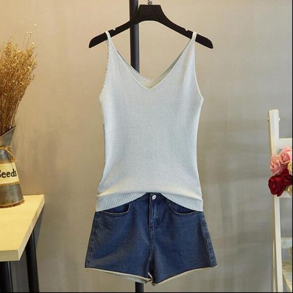 bling shinning halter for women lurex tank v neck summer knitting camis underwear women casual streetwear cloth, White 
bling shinning halter for women lurex tank v neck summer knitting camis underwear women casual streetwear cloth, White