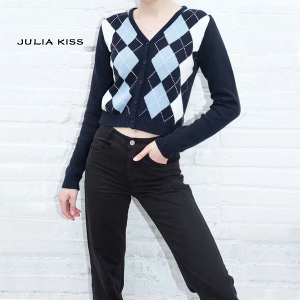 women v neck knit cardigan in navy blue with light blue and white argyle print on the front c1120, White;black
women v neck knit cardigan in navy blue with light blue and white argyle print on the front c1120, White;black