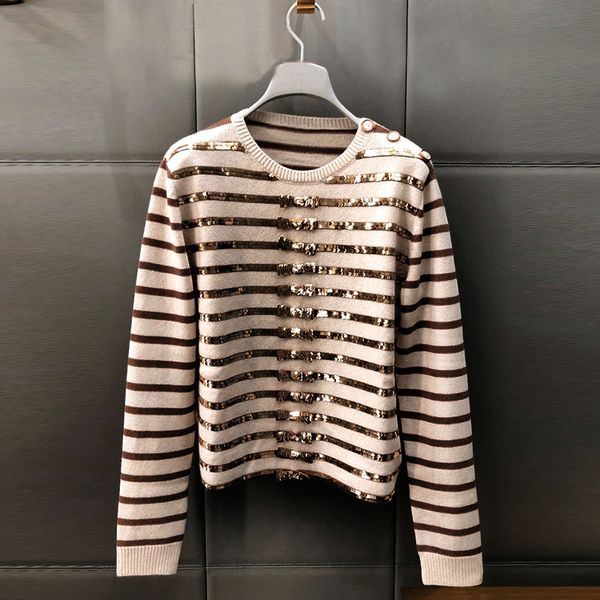 680 2020 autumn brand same style regular long sleeve crew neck sequins kint sweater women clothes yashi, White;black
680 2020 autumn brand same style regular long sleeve crew neck sequins kint sweater women clothes yashi, White;black