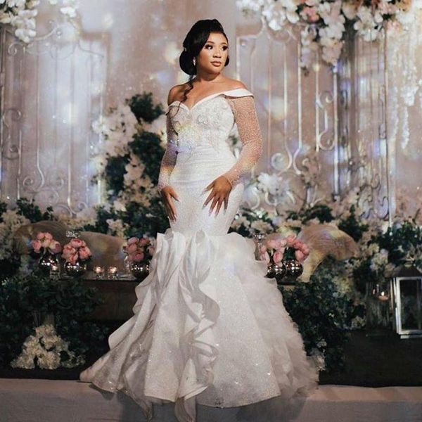 sequins sparkly mermaid wedding dress off the shoulder long sleeves rufflus skirt african bridal gowns plus size vestido de noiva, White
sequins sparkly mermaid wedding dress off the shoulder long sleeves rufflus skirt african bridal gowns plus size vestido de noiva, White