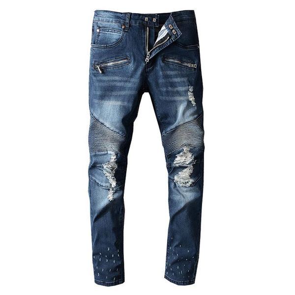 men's dark blue pleated ripped biker jeans plus size holes distressed slim stretch denim pants
men's dark blue pleated ripped biker jeans plus size holes distressed slim stretch denim pants