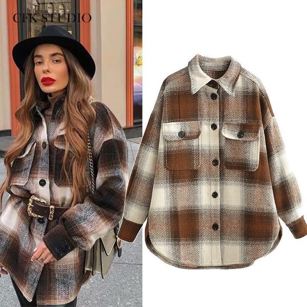 za women spring coat with turn-down collar button plaid printed long sleeve tweed oversize jacket femme casual loose shackets, Black;brown
za women spring coat with turn-down collar button plaid printed long sleeve tweed oversize jacket femme casual loose shackets, Black;brown