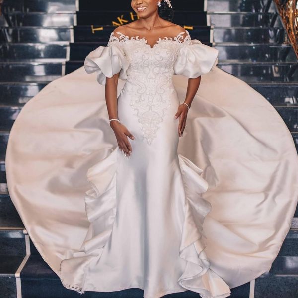 vintage satin mermaid wedding dresses sheer neck short sleeve long train applique pearls beads court house garden bridal marriage gowns, White
vintage satin mermaid wedding dresses sheer neck short sleeve long train applique pearls beads court house garden bridal marriage gowns, White