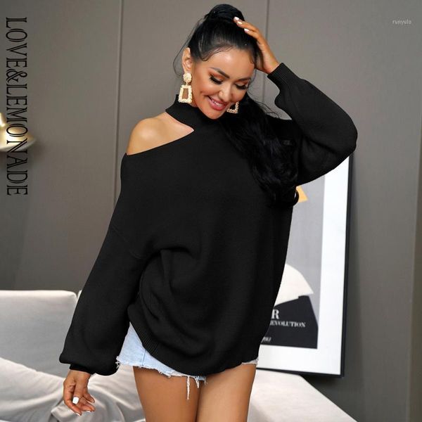 love&lemonade black off shoulder high collar loose long sleeve over size sweater lmsw0211, White;black
love&lemonade black off shoulder high collar loose long sleeve over size sweater lmsw0211, White;black