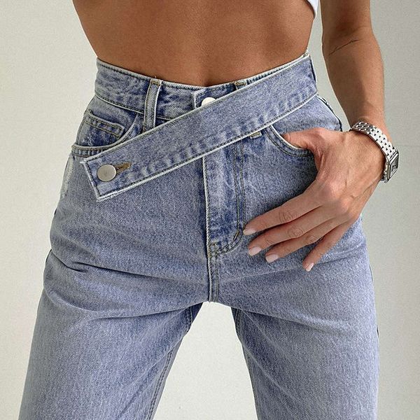 new ins style design slant belt high waist straight tube jeans women's vertical casual floor pants, Blue
new ins style design slant belt high waist straight tube jeans women's vertical casual floor pants, Blue