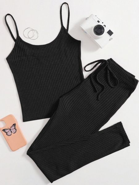 waffle knit cami & knot waist leggings set 31vh#, White