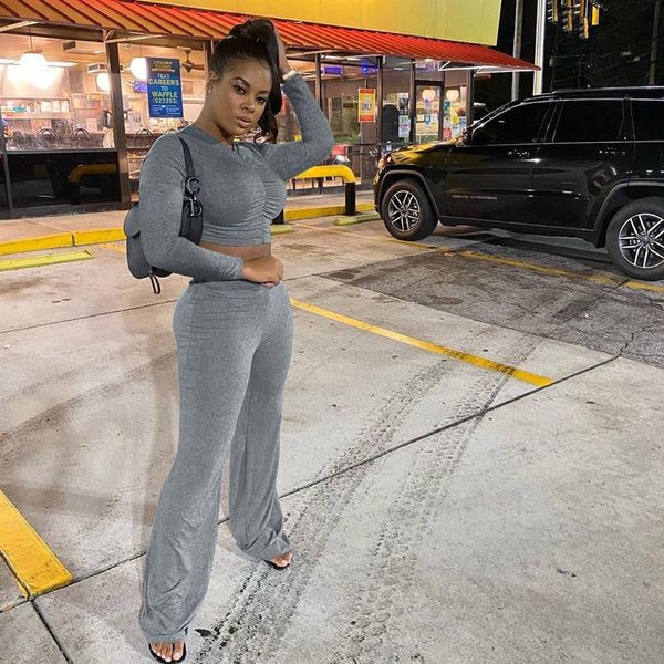 autumn winter 2 piece sets womens outfits solid color long sleeve crop flare pants fashion women matching sets, Gray 
autumn winter 2 piece sets womens outfits solid color long sleeve crop flare pants fashion women matching sets, Gray
