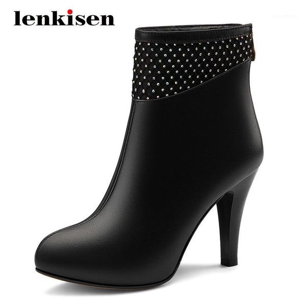 boots lenkisen large size fashion real leather streetwear round toe super high heel zipper nightclub gorgeous ankle l1f11, Black
