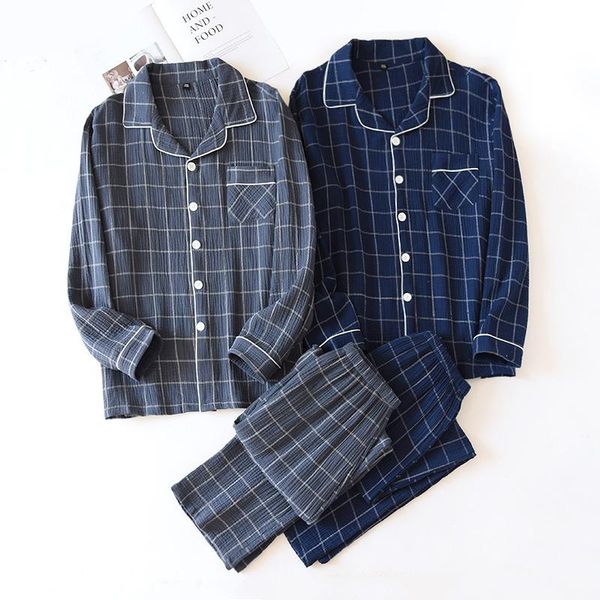 men long-sleeved trousers pajamas cotton crepe plaid pajama set mens lounge wear soft loose night pijamas home wear sleepwear, Black;brown
men long-sleeved trousers pajamas cotton crepe plaid pajama set mens lounge wear soft loose night pijamas home wear sleepwear, Black;brown