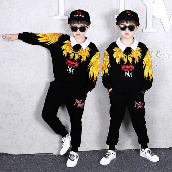 autumn 2020 boys' new spring and autumn hoodie two piece set, White