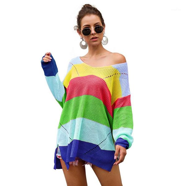 long sleeve contrast color daily wear autumn crew neck loose pullover rainbow stripe knit women sweater fashion gift casual1, White;black
long sleeve contrast color daily wear autumn crew neck loose pullover rainbow stripe knit women sweater fashion gift casual1, White;black