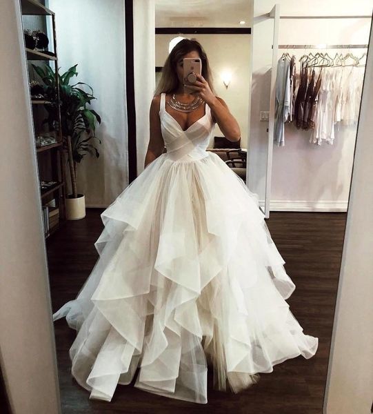 custom spaghetti v neck a line wedding dresses with ruffles sweep train tulle backless plus size bridal gowns vestidos de novia, White
custom spaghetti v neck a line wedding dresses with ruffles sweep train tulle backless plus size bridal gowns vestidos de novia, White