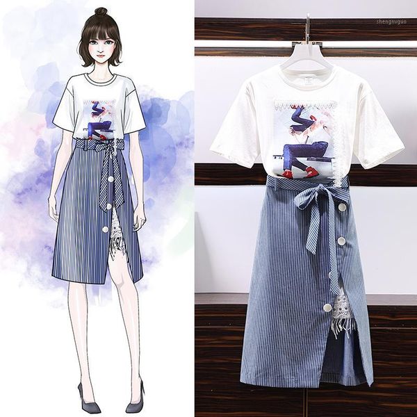 large size women's sets 2019spring summer new printing short-sleeved t-shirt +belt single-breasted striped irregular skirt women1, White 
large size women's sets 2019spring summer new printing short-sleeved t-shirt +belt single-breasted striped irregular skirt women1, White