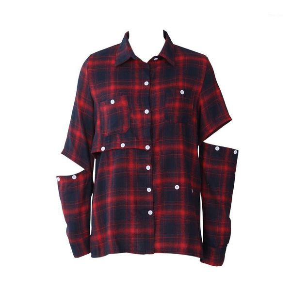 women button down plaid shirt casual cut out long sleeve loose lapel blouse with pocket unique design two ways to wear1, White
women button down plaid shirt casual cut out long sleeve loose lapel blouse with pocket unique design two ways to wear1, White