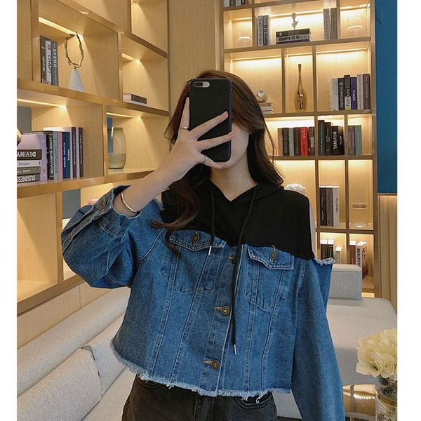 blue denim women's spring short off shoulder personalized dign hooded splicing small shirt coat, White
blue denim women's spring short off shoulder personalized dign hooded splicing small shirt coat, White