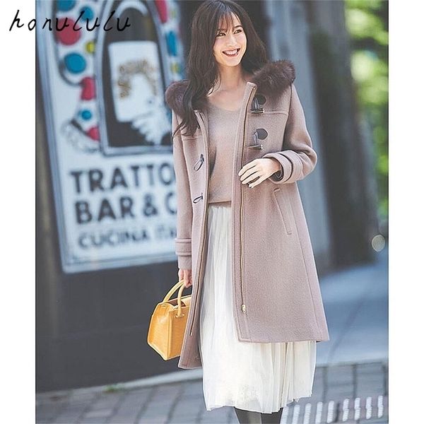 autumn and winter new products sweet long women's horn button fox fur collar hooded woolen coat coat 201216, Black
autumn and winter new products sweet long women's horn button fox fur collar hooded woolen coat coat 201216, Black