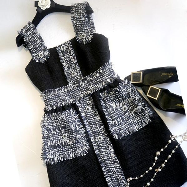 new fall winter black diamond button small fragrance tweed strap dress vest dress1, Black;gray
new fall winter black diamond button small fragrance tweed strap dress vest dress1, Black;gray