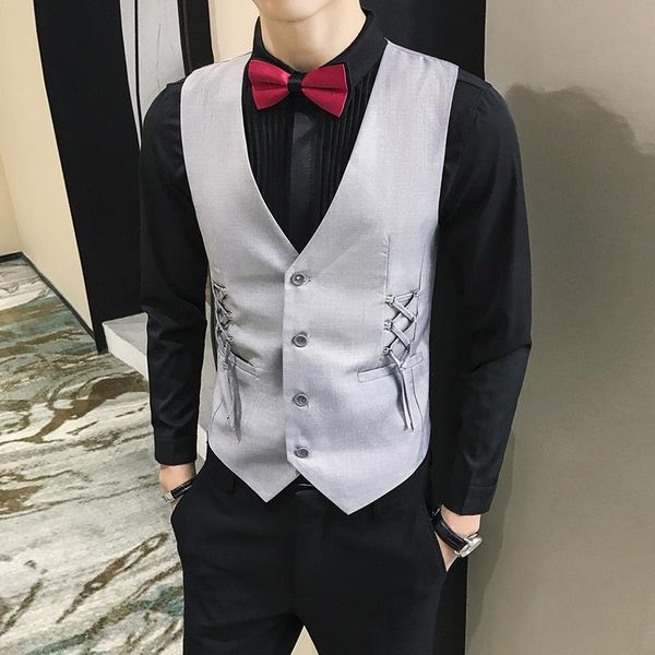 men's vests 2021 man dress vest braided ribbon decoration slim suit men formal fashion waist caot for brief gilet, Black;white
men's vests 2021 man dress vest braided ribbon decoration slim suit men formal fashion waist caot for brief gilet, Black;white