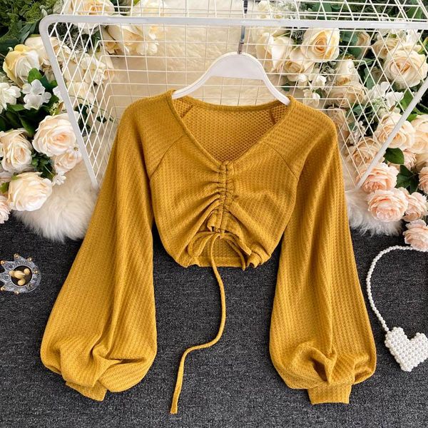 2020 fall knitted woman sweet v-neck drawstring blouse autumn red / white / yellow knit shirt women long sleeve crop
2020 fall knitted woman sweet v-neck drawstring blouse autumn red / white / yellow knit shirt women long sleeve crop
