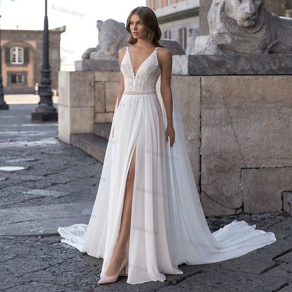 lace dubai bohemian wedding dresses spaghetti straps v neck flowy chiffon beach bridal wedding gown side slit robe de mariage, White
lace dubai bohemian wedding dresses spaghetti straps v neck flowy chiffon beach bridal wedding gown side slit robe de mariage, White