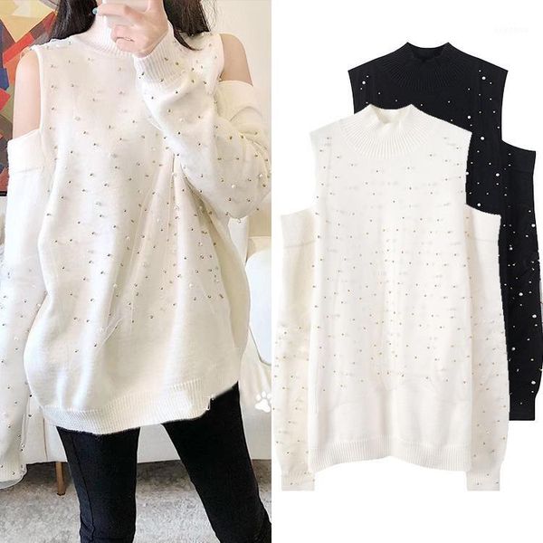 new off shoulder design mesh sleeve sweater women s heavy industry nail bead splicing loose knit1, White;black
new off shoulder design mesh sleeve sweater women s heavy industry nail bead splicing loose knit1, White;black