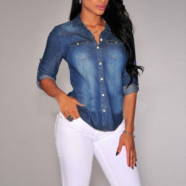 women lapel button blue down denim jean shirts pocket slim blouse coat new arrival drop shipping, White
women lapel button blue down denim jean shirts pocket slim blouse coat new arrival drop shipping, White