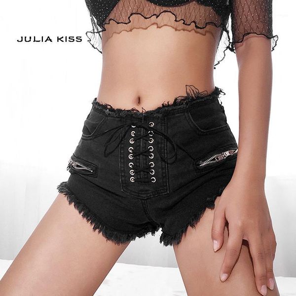 women lace up denim short with double zip details1, White;black 
women lace up denim short with double zip details1, White;black