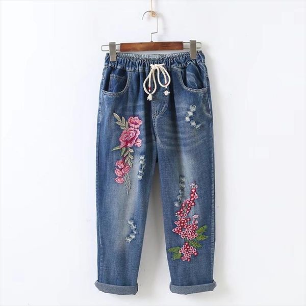 2018 summer new female line sen hole letter embroidered flowers loose nine points jeans trousers women, Blue
2018 summer new female line sen hole letter embroidered flowers loose nine points jeans trousers women, Blue