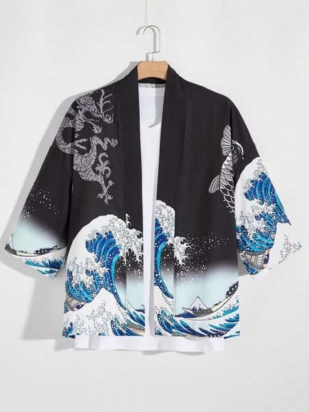 men chinese dragon and wave print shirt 54ns#, White;black