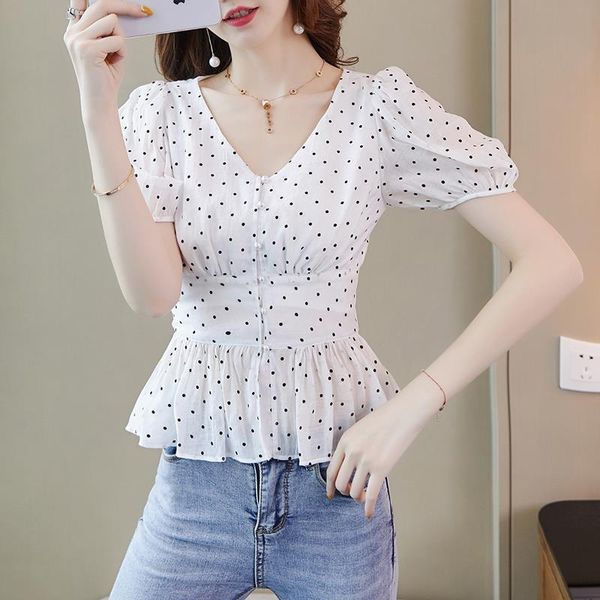 women's blouses & shirts spring summer style chiffon v-neck polka dot short sleeve ruffles casual sp575, White
women's blouses & shirts spring summer style chiffon v-neck polka dot short sleeve ruffles casual sp575, White
