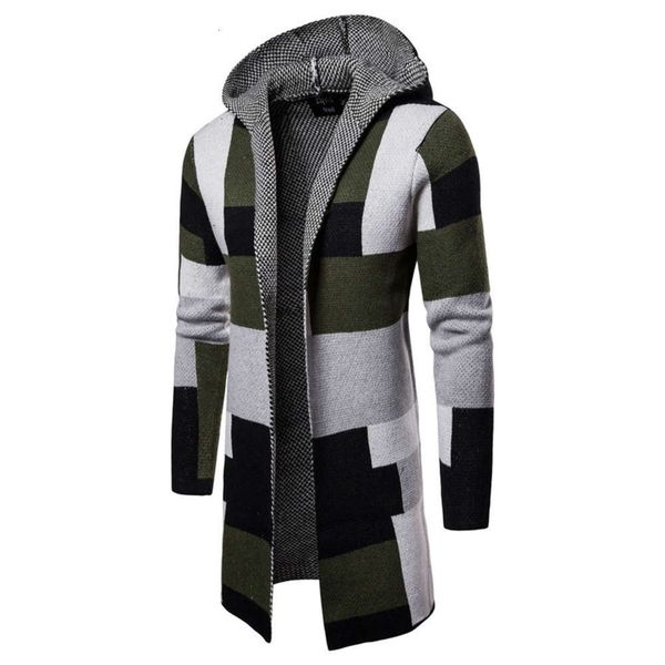 autumn and winter new men's sweater casual color matching medium length thickened hooded knitted cardigan coat, Black 
autumn and winter new men's sweater casual color matching medium length thickened hooded knitted cardigan coat, Black