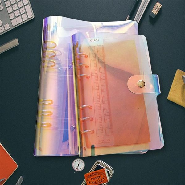 A6 Pvc Loose-leaf Binder Notebook Binder Laser Clips Colorful Organizer Transparent Rainbow Note Books Round Ring Binders Notepads