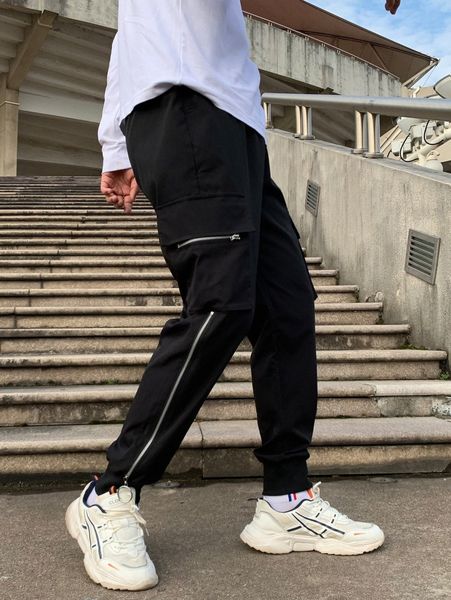 men flap pocket o-ring zipper side pants b7sa#, Black