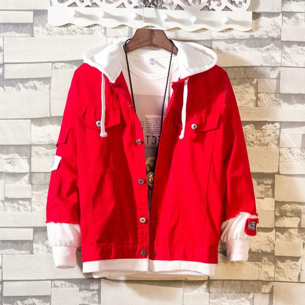 men's 2019 spring and autumn fake two-piece casual coat hole korean fashion hooded denim jacket men, Black;brown 
men's 2019 spring and autumn fake two-piece casual coat hole korean fashion hooded denim jacket men, Black;brown