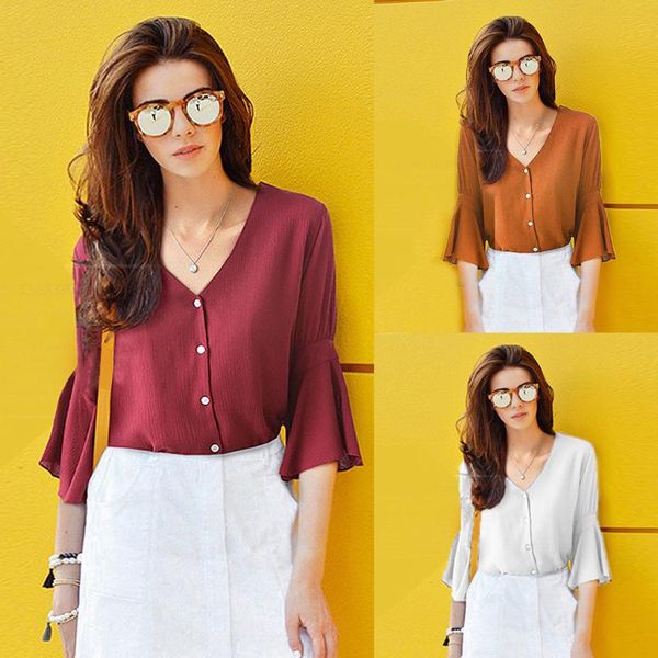 casual loose flare three quarter sleeve blouse women loose v-neck 2021 women with buttons blouses woman, White
casual loose flare three quarter sleeve blouse women loose v-neck 2021 women with buttons blouses woman, White