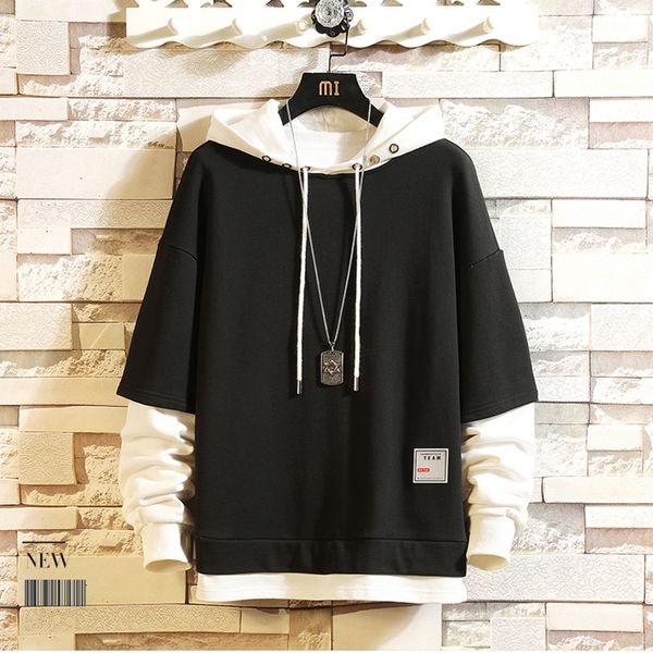 2020 spring and autumn new men's stitching hooded youth long-sleeved fake two-piece casual pullover jacket, Black
2020 spring and autumn new men's stitching hooded youth long-sleeved fake two-piece casual pullover jacket, Black