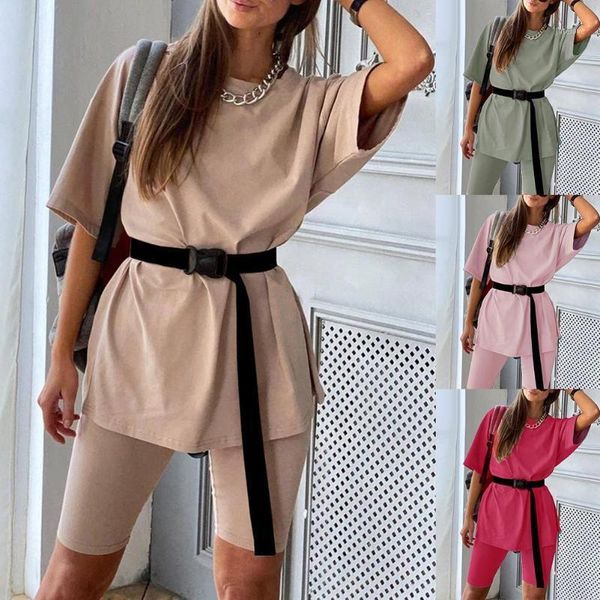 women half sleeve t-shirt shorts belt homewear two pieces suit leisure set with belt comfortable to wear1, White
women half sleeve t-shirt shorts belt homewear two pieces suit leisure set with belt comfortable to wear1, White