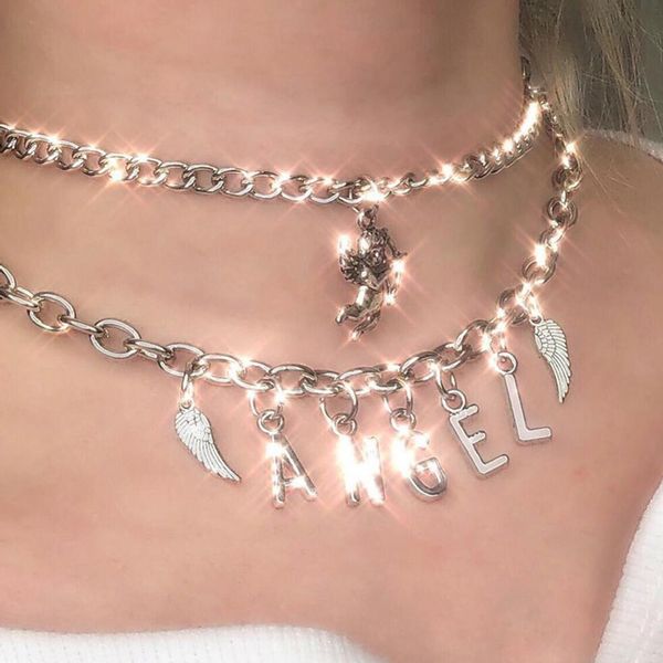 exclusive harajuku itgirl stainless steel angel letter choker beads colar women cute punk style necklace collares mujer t200113, Silver