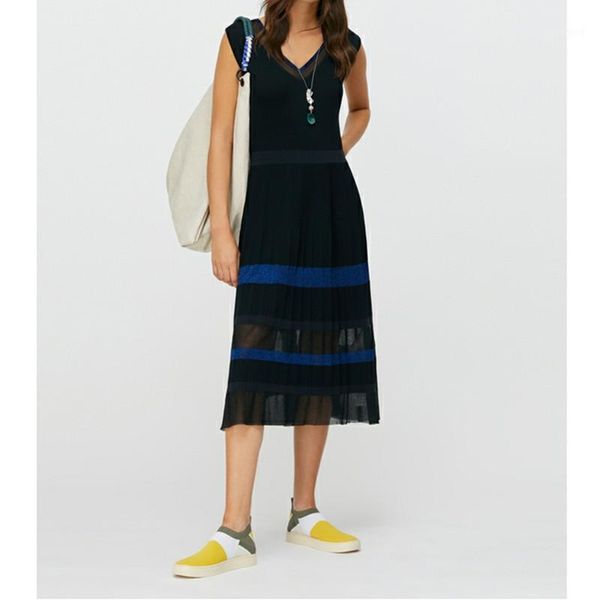 women sleeveless knitted long dress v neck striped pleated elastic waist patchwork 2020 spring summer ladies mid dresses robe1, Black;gray
women sleeveless knitted long dress v neck striped pleated elastic waist patchwork 2020 spring summer ladies mid dresses robe1, Black;gray