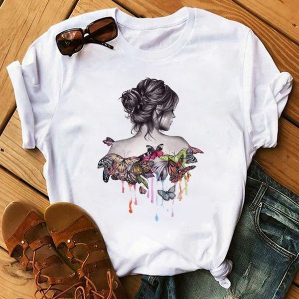 woman butterfly girl print harajuku summer t-shirt casual round neck t-shirt women's street short sleeve, White
woman butterfly girl print harajuku summer t-shirt casual round neck t-shirt women's street short sleeve, White